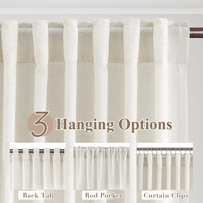 Joywell Beige White Back Tab Rod Pocket Linen Curtains 100 Inches Long 2 Panels for Living Room Bedroom Neutral Boho Farmhouse Rustic Light Filtering Semi Sheer Curtains Window Treatment 52x100