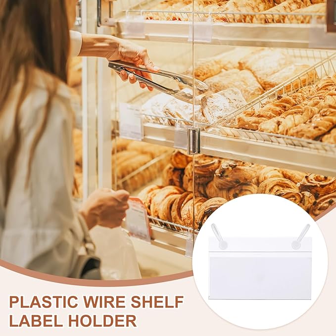 PATIKIL 3.5" x 2.2" Basket Labels Holders, 20 Pack Reusable Plastic Wire Shelf Label Holder Tag Display Clip with Button Lock with Paper Inserts Pens for Home Market Store, Clear