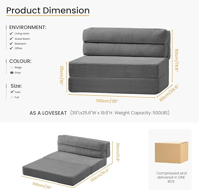 Convertible Sofa Bed with Metal Frame, Boneless Loveseat Sleeper Sofa Futon Sofa Bed Foldable Twin Size Mattress for Living Room, Guest Room
