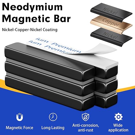 Grtard 4 Pack Neodymium Bar Magnets, Rare Earth Magnets Metal Neodymium Magnet with Double-Sided Adhesive for Fridge and Office Projects, 40x10x5mm(Black)
