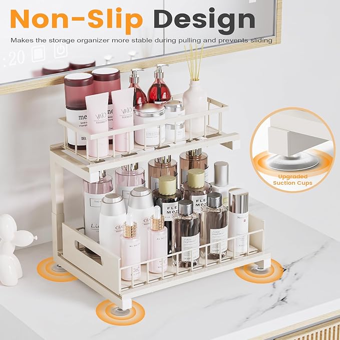 Under Sink Organizer, Heavy Duty Metal Slide Out Sink Shelf Organizer Height Adjustable, Multi-Purpose Storage Shelf for Kitchen Bathroom (Sand,2Pack)