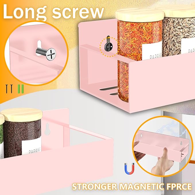 Magnetic Spice Rack for Refrigerator, 4 Pack Magnetic Shelf with 1 Hook Magnet Spice Storage Rack Seasoning Organizer with Screw for Oven Fridge(Pink, 4Rack&1Hook)