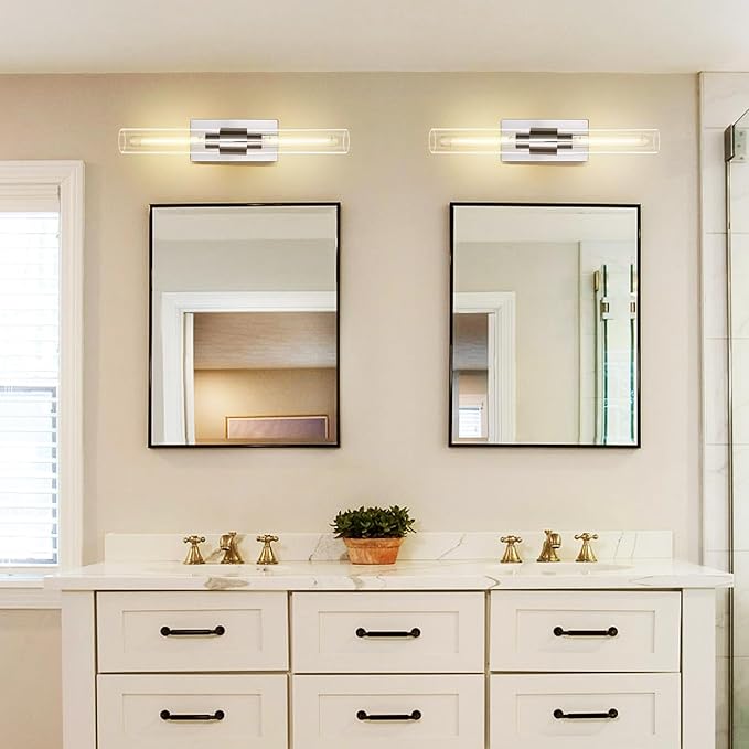Nickel Bathroom Vanity Light, 2-Light Bathroom Wall Sconce Over Mirror, Chrome Vanity Lights for Bathroom, Dimmable Vanity Sconce with Glass Tube, Indoor Linear Wall Sconce for vertical and horizontal