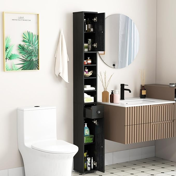 Tangkula Tall Slim Bathroom Storage Cabinet, 71" Freestanding Bathroom Cabinet w/ 2 Doors, 1 Drawer & 5 Adjustable Shelves, Floor Narrow Tower Cabinet for Small Spaces, 8" x 8" x 71" (Black) | Tall, Slim, Freestanding, 2 Doors, 1 Drawer, 5 Adjustable S...