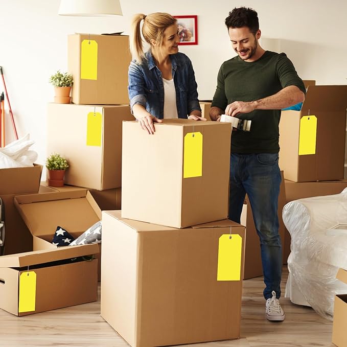 100 Large Yellow Plastic Shipping Tags - 3x6 inch, Heavy Duty, Waterproof, Writable, With String Attached