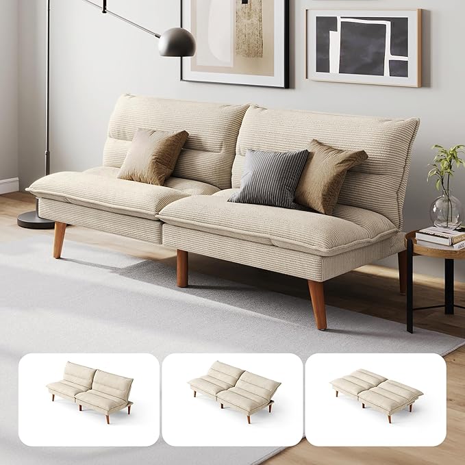 LINSY HOME Futon Sofa Bed - Convertible Corduroy Futon Couch Bed with Adjustable Backrest, Modern Small Loveseat Sleeper Sofa for Small Spaces, Living Room, Apartment or Office (Beige)