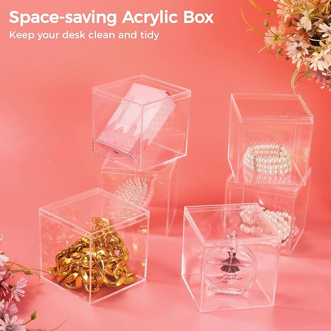 Homaisson 12 PCS Acrylic Square Cube 4 x 4 x 4 Inches, Small Clear Plastic Display Boxes with Lids, Clear Acrylic Storage Square Cube Boxes, Display Case Container for Candy Jewelry Tiny Items