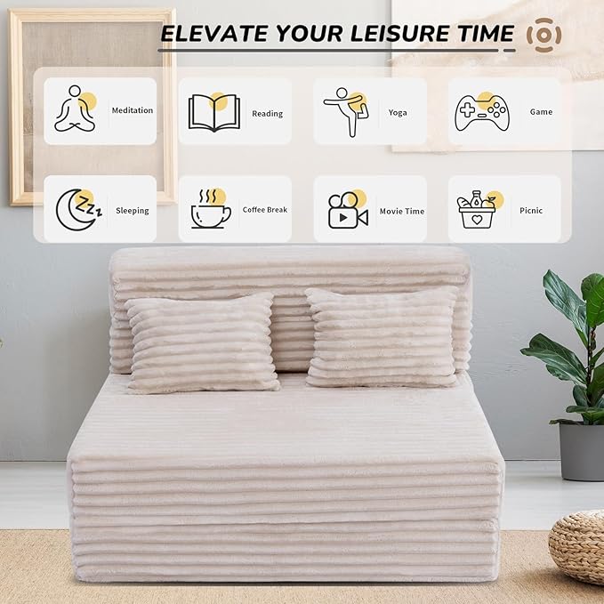 Folding Sofa Bed Twin, Convertible Sleeper Chair with Pillow, Fold Out Couch, High-Density Futon Chair Bed, Foldable Sofa Sleeper Floor Couch for Bedroom Living Room Dorm Guest Room, Beige