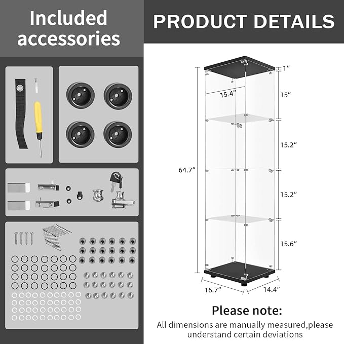 LFT HUIMEI2Y Glass Display Cabinet 4-Shelf with Door and Lock, Curio Cabinets Upgraded Quick-Install Style Tempered Glass Floor Standing Bookshelf for Bedroom, Living Room 65”x 17”x 14” Black