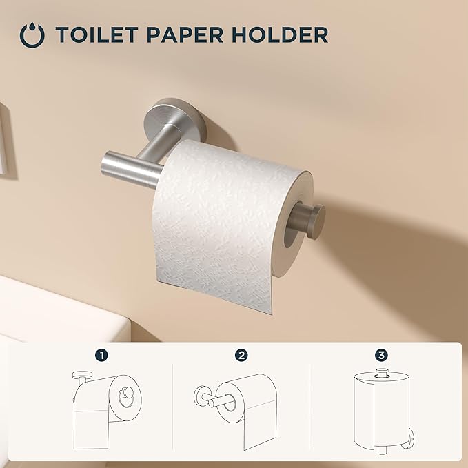 FORIOUS 4 Piece Bathroom Accessories, SUS304 Stainless Steel Toilet Paper Holder, Towel Ring and 2 Towel Hooks, Wall Mounted Bathroom Hardware Set (Brushed Nickel)