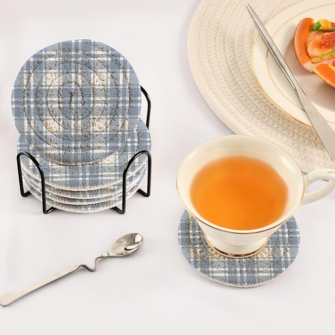 Minimalist Home Decor for Coffee Table, Kitchen, Drink Coasters, Light Blue Plaid Tartan Handmade Cotton Absorbent Coaster Set of 6, Housewarming and Wedding Registry Ideas