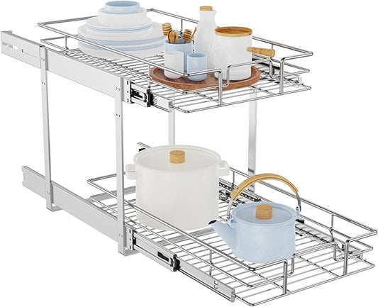LOVMOR Individual Pull Out Cabinet Organizer, 2 Tier Slide Out Cabinet Drawers, Pots and Pans Organizer and Storage Pantry Shelf for Kitchen (11" W x 18" D)