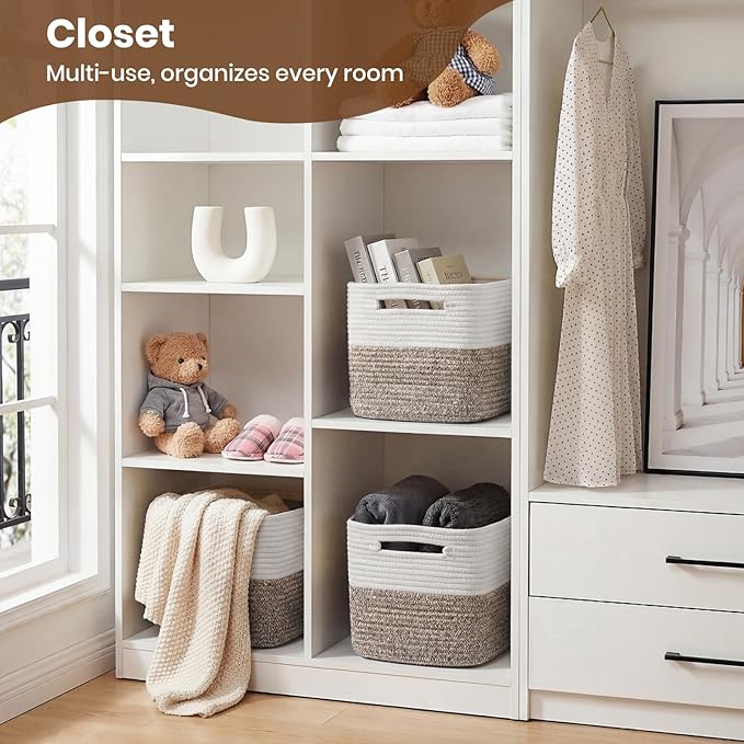Storage Baskets for Organizing, 14 x 10 x 9” Closet Shelf Woven Baskets, Square Bins with Handles, Cotton Rope Basket for Toys, Clothes, Office, Room, White+Dark brown 1 Pack