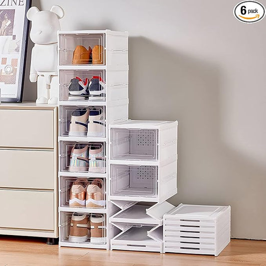 Drop Front Shoe Storage Box, No Assembly Stackable Shoe Organizer Storage Bin with Clear Door, Free Standing Shoe Shelf Cabinet with Lid, Plastic Shoe Rack for Closet Entryway, 6-Tier