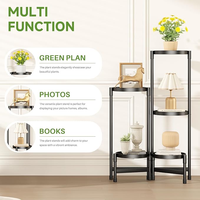 Plant Stand Indoor Outdoor with Tray Corner Metal Flower Display Holder Shelf 5 Tier Folding Tall Orchid Rack for Patio Balcony Porch Garden Living Room House, Black