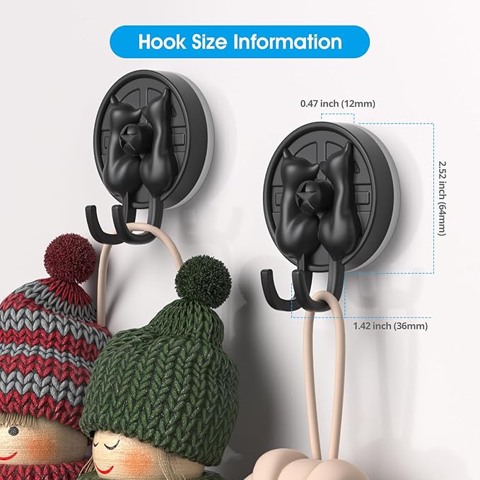 AST Cute Double-Cat Suction Cup Hook, 4 Pack, Heavy Duty Hooks, Upgraded Reliable Force of Both Adhesion and Vacuum, Wall Holders for Loofah, Towel, Coat and Bath Robe, Waterproof Hanger, Matte Black
