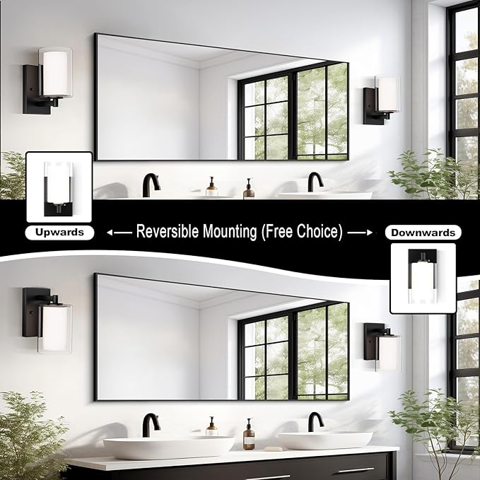 Kalium Wall Sconces Set of Two, Modern Vanity Lights with Double Clear Glass Shade Matte Black Indoor Farmhouse Wall Lights for Bathroom Living Room Bedroom Hallway Bulb E26 Base (Bulbs Not Included)