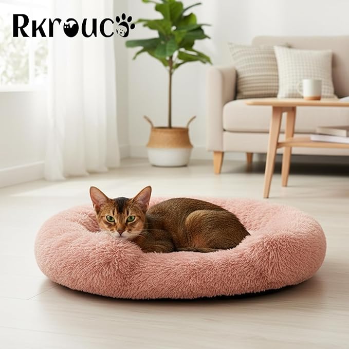 Fluffy Dog Bed Calming Donut Beds for Large Dogs Warming Round Small Medium Pet Nest Cozy Cat Mattress Indoor Washable Puppy Kennel Kittens Sleep Mat (XS, 20×20 inch, Fresh Pink)