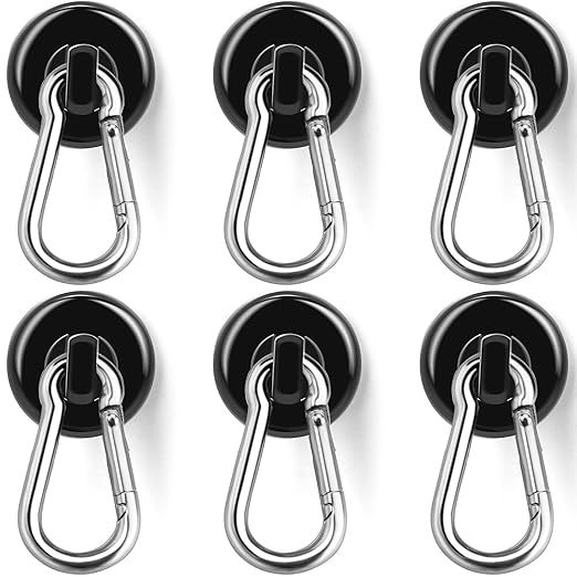 E BAVITE Carabiner Magnetic Hooks, 100LBS Strong Black Magnetic Hooks Heavy Duty with Swivel Carabiner Hook, Great for Hanging for Cruise, Garage, Kitchen, Refrigerator, Locker (6-Pack)
