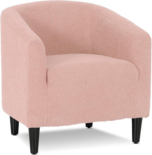 Athena Collection Modern Barrel Accent Chair, Furry Cozy Reading Arm Chair for Adults, Soft Comfy Upholstered Sofa Armchair for Corner, Living Room, Bedroom, Reception Room, Pink