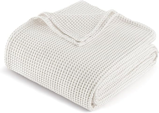 Exclusivo Mezcla 100% Cotton Waffle Weave Throw Blanket, Soft, Lightweight and Breathable Muslin Gauze Blanket for Couch, Sofa, All Season, 50"x70", Cream