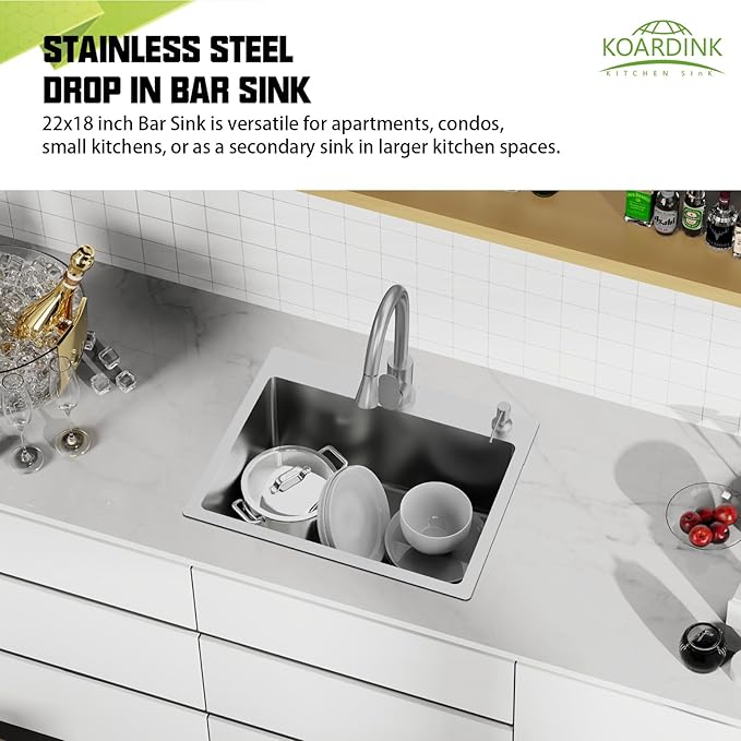 Kitchen And Bar Sink, 22x18 Inch Stainless Steel Drop In Kitchen Sink Modern Single Bowl Topmount Bar Sink Combo-Silicon Mat,Drain Strainer Set Compatibility With Various Kitchen & Bar Style