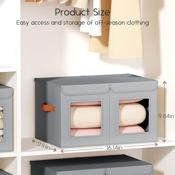 Large Closet Storage Bins - Collapsible Divided Clothes Organizer with Lids & Dual Window, Fabric Organizing Bins for Clothes, Sweater, Bedroom, Office (Grey, 4 Pack)