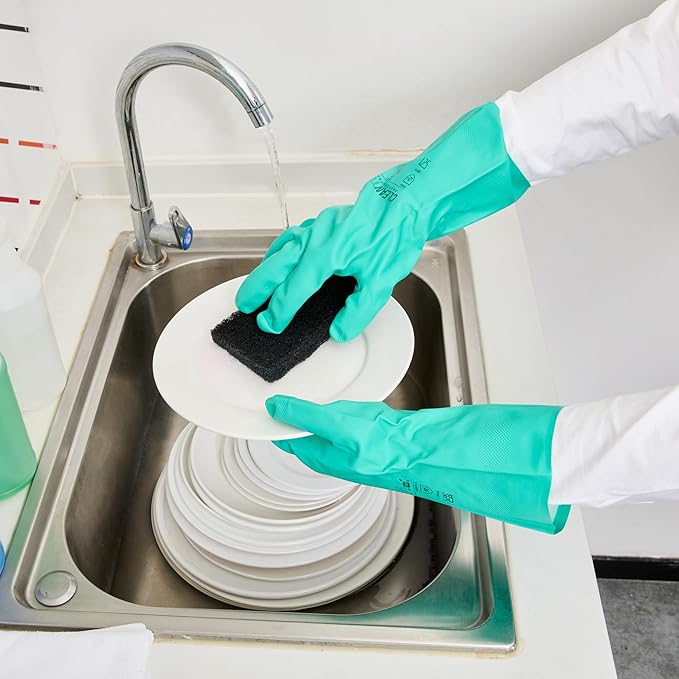 Green Cleaning Gloves 10 Pairs 15 Mil Thick Extra Large Heavy-Duty Nitrile Gloves With Long Cuff No-Latex Flock Lining For Use In Hospitals, Commercial Kitchens and Households
