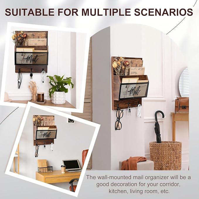 Farmhouse Mail Organizer Wall Mounted Rustic Mail Holder Hanging Key Sorter with 3 Hooks Indoor Wooden Wall Mounted, Letter, Magazines, Newspapers, Keys(Classics,Brown)