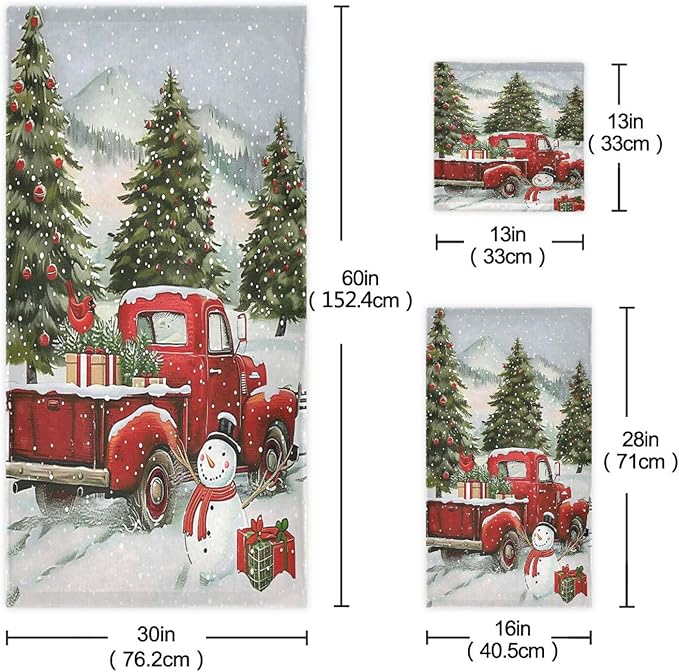 Snowman Red Truck Xmas Tree Towels Set of 3 Christmas Winter Bathroom Towel Soft Absorbent Bath Hand Towels Washcloth Guest Towel Sets Merry Christmas Xmas Bathroom Decor Gifts