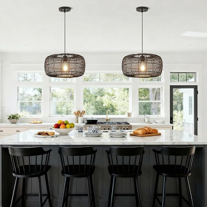 Black Rattan Pendant Light, 16in Drum Wicker Chandelier Hand-Woven Rattan Hanging Lighting Fixture Boho Pendant Lights for Dining Room Kitchen Island Living Room Bedroom Foyer Entrance