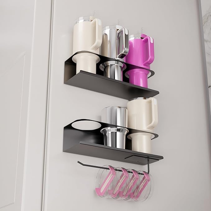 Magnetic Cup Holder for Stanley 40 & 30 oz Tumblers – Cup Holder & Organizer with 6 Slots Magnetic Fridge Lid Rack Water Bottle Organizer for Tumblers Cups and Bottles – 3-Pack Black
