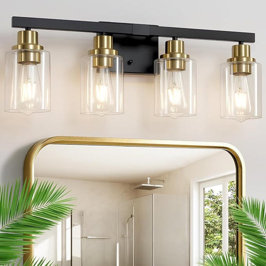 Bathroom Vanity Light, 4-Light Black and Gold Bathroom Light Fixtures with Clear Glass Shade, Bathroom Lighting Fixtures Over Mirror,Bath Black Wall Lights for Mirror Bedroom,Living Room