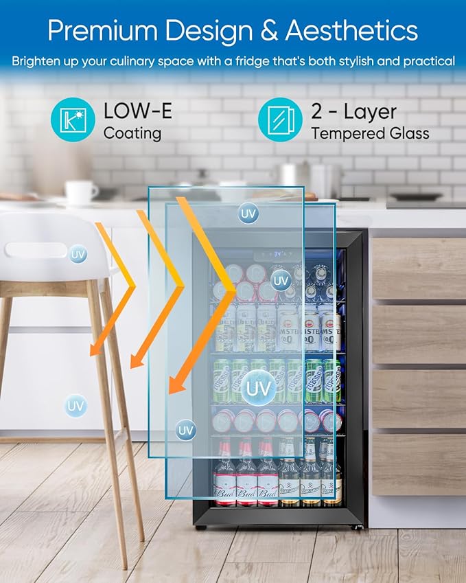 Beverage Refrigerator and Cooler - 126 Can Mini Fridge Glass Door for Soda Beer Wine - Freestanding Beverage Fridge for Bedroom Office Bar, 4 Adjustable Shelves, 3.2 Cu.Ft, Black