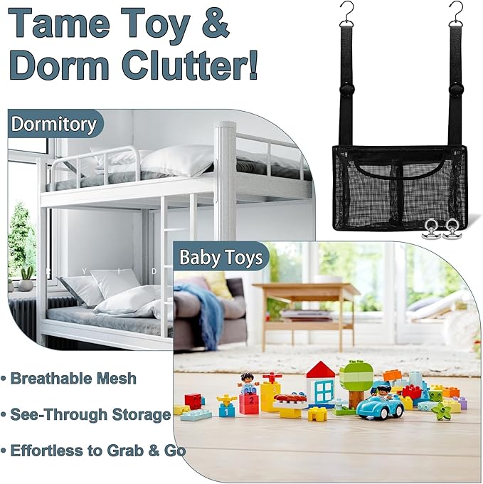 Black PVC Mesh Hanging Shower Caddy with 2 Magnetic Hooks, Adjustable Portable Bathroom Organizer with Pockets for Cruise, Dorm, Gym, Camping, RV, 12"x6"x7"(LxWxH)