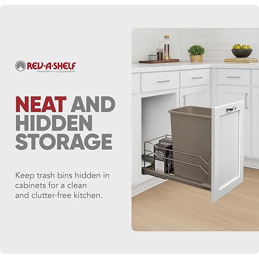Rev-A-Shelf Pullout Trash Can for Under Kitchen Cabinets 35 Quart 8.75 Gallon with Soft-Close Slides and Rear Storage, Champagne, 53WC-1535SCDM-112