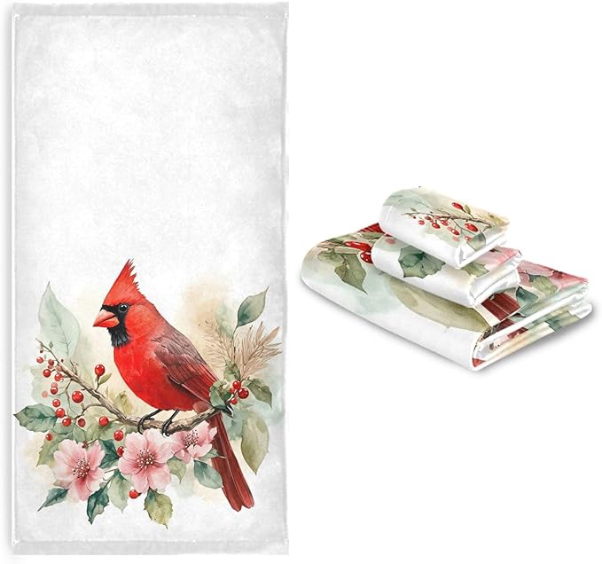 Christmas Winter Towels Set of 3 Red Cardinal Bird on Beautiful Flowers Bathroom Towel Soft Absorbent Bath Hand Towels Washcloth Guest Towel Sets Xmas Holiday Decor