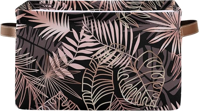 susiyo Large Foldable Storage Bin Rose Gold Palm Leaves Fabric Storage Baskets Collapsible Decorative Baskets Organizing Basket Bin with PU Handles for Shelves Home Closet Bedroom Living Room-2Pack