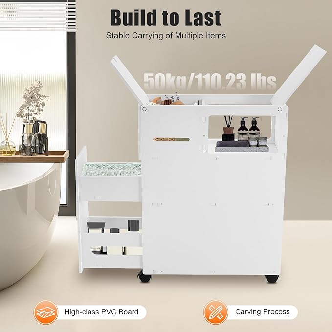Slim Mobile Bathroom Cabinet with Wheels & Brakes, Slim Storage Organizer with Slide-Out Drawers, Large Capacity Narrow Cabinet for Toilet, Bathroom, Laundry Room