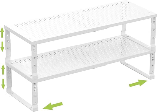 Expandable Cabinet Shelf Organizer Storage Spice Rack Shelves for Kitchen Stackable Adjustable Pantry Cupboard Bathroom Countertop Desktop(2Packs/White/Large-with Hole)