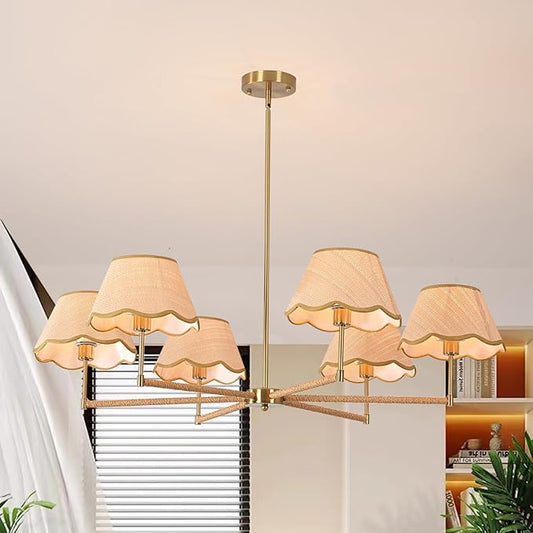 39" Adjustable Boho Rattan Chandelier - 6-Light Rustic Industrial Farmhouse Coastal Pendant Light Fixture for Kitchen Island, Dining & Living Room, Natural Wood Accents, UL Listed, E12 Base