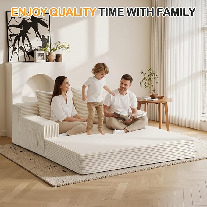 Convertible Sofa Bed, Loveseat Folding Floor Futon Sleeper Sofa Couch Bed- Boneless Foldable Couch, Corduroy Pull Out Sofa Bed with 2 Pillows for Living Room & Bedroom