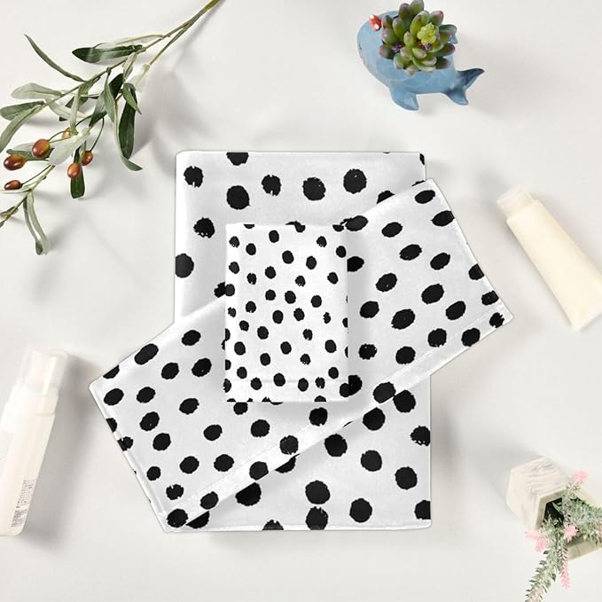 3 Piece White Black Polka Dot Bath Towel Set,Microfiber Decorative Vintage Black Spots Doodle Pattern Modern Bathroom Towels,1 Bath Towel 1 Hand Towel for Bathroom Kitchen,1 Washcloth for Face