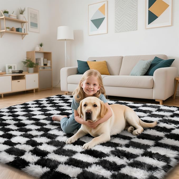 Checkered Rug for Bedroom, 5x8 Black and White Area Rugs, Classic Checkered Carpets Shaggy Area Rug, Bedside Rugs for Living Room Bedroom Kids Room Home Decor