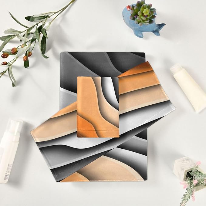 Burn Orange Grey Black Striped Bath Towels Set,Ultra Soft 3 Piece Modern Abstract Beach Waves Towel Set for Bathroom,1 Bath Towel 1 Hand Towel 1 Washcloth,Absorbent Decoractive Bathroom Towels