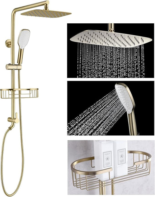 SonTiy Rain Shower Head with Handheld Spray and Shower Shelf Caddy, 12Inch High Pressure rainfall Showerheads and Hand Shower Combo with Height Adjustable Holder Shower Head System, Brushed Gold