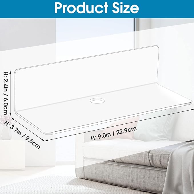 8 Pieces Acrylic Floating Wall Shelves 9 Inches Adhesive Floating Shelf Screwless Shelves Hanging Shelves Small Self Adhesive Display Shelf for Smart Speaker, Action Figures, Security Cameras (White)