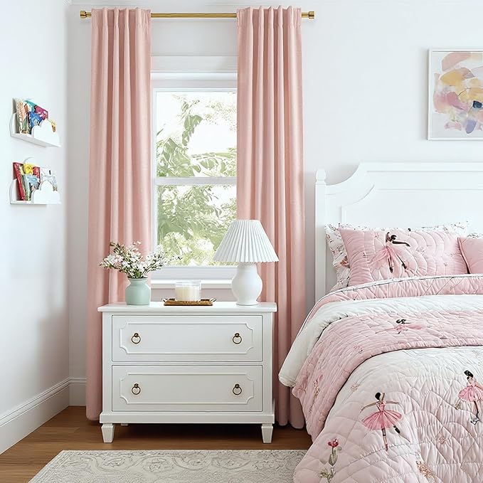 INOVADAY 100% Blackout Curtains for Bedroom, Black Out Curtains 108 Inch Long, Clip Rings Linen Blackout Drapes, Thermal Insulated Room Darkening for Living Room, 2 Panels - Blush Pink,W50xL108