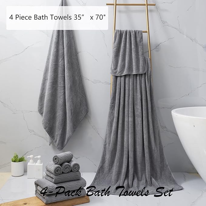 Oliven 4 Piece Large Bath Towel Set 35"x70" Gray Extra Large Bath Sheets Oversized Jumbo Towels 600GSM Soft Highly Absorbent Quick Dry Beach Chair Towel Woven Towels for Bathroom Hotel and Spa
