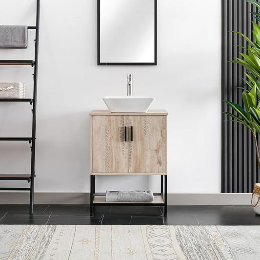 eclife 24" Bathroom Vanity Sink Combo Modern Metal Stand Cabinet W/Bottom Shelf White Square Vessel Sink & Water Save Faucet & Pop Up Drain, Oak (A07)